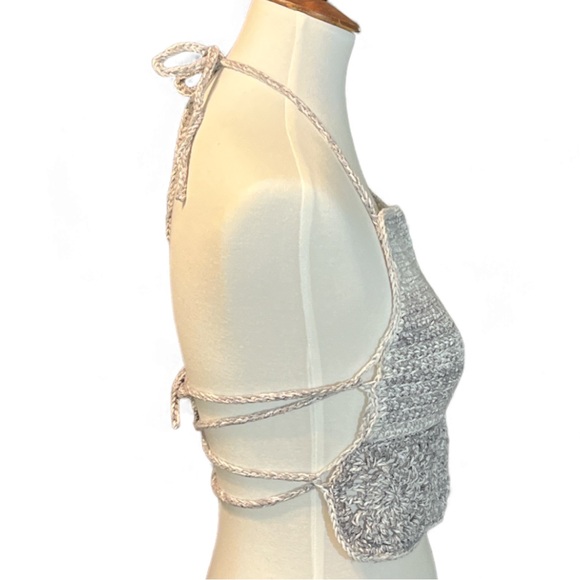Handmade Grey Halter Top with Flower Design Crocheted Festival Tankini - Picture 6 of 7